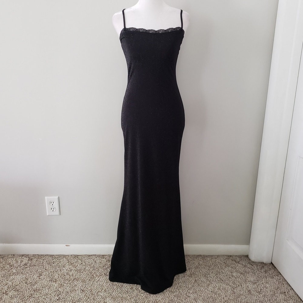 Fitted Y2K Sparkly Maxi Slip Dress Gown SM Event Formal Glam Elegant Party Black